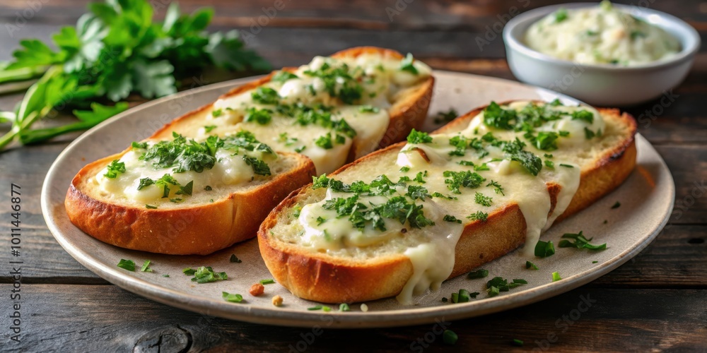 Garlic bread topped with melted mozzarella cheese and herbs on a plate Garlic bread topped with melted mozzarella cheese and herbs on a plate