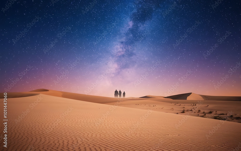 Obraz premium A starry night sky over a desert landscape. The Milky Way Galaxy is visible in the distance with the silhouettes of three trees in the foreground.