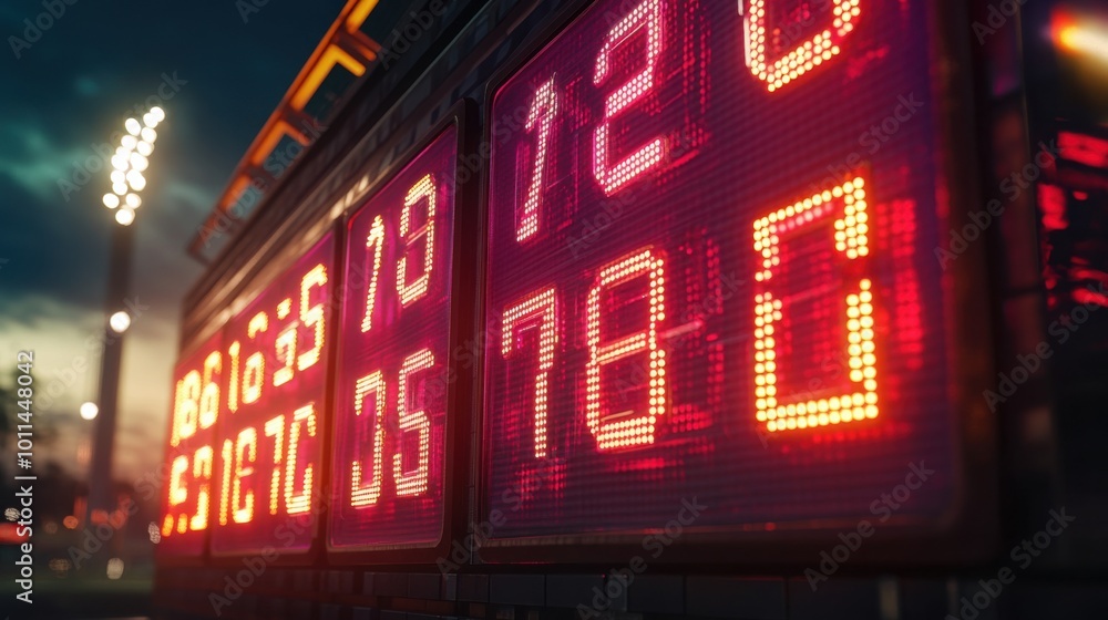 Neon scoreboard displaying baseball scores with blinking lights and animated numbers--perfect for live event coverage or game night ads. Neon scoreboard displaying baseball scores with blinking lights and animated numbers--perfect for live event coverage or game night ads.
