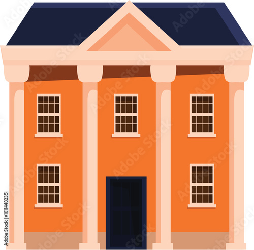 Orange courthouse building with columns standing on white background