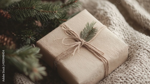 A brown box with a green leaf tied to it is sitting on a blanket