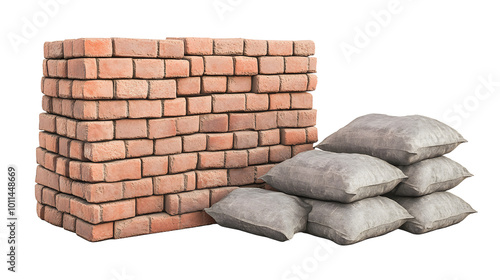 A neat stack of red bricks with gray cement bags arranged beside them. The bricks have clean lines and smooth surfaces, while the cement bags have a slight bulge and fold photo