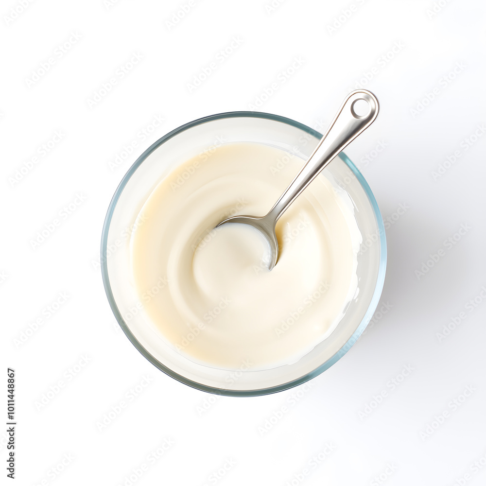 Greek yogurt in glass bowl isolated on white background. Top view. Greek yogurt in glass bowl isolated on white background. Top view.