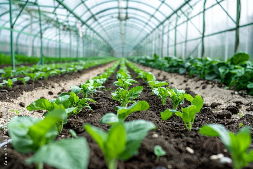 Large greenhouse with transparent plastic walls and concrete floor, showcasing rows of tomato seedlings and greens in a fresh, natural light environment. Large greenhouse with transparent plastic walls and concrete floor, showcasing rows of tomato seedlings and greens in a fresh, natural light environment.
