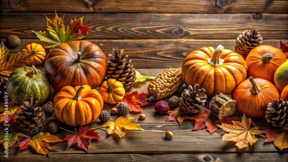 A rustic wooden table adorned with an array of autumnal gourds, pinecones, corn, and vibrant leaves, creating a warm and inviting seasonal display. A rustic wooden table adorned with an array of autumnal gourds, pinecones, corn, and vibrant leaves, creating a warm and inviting seasonal display.