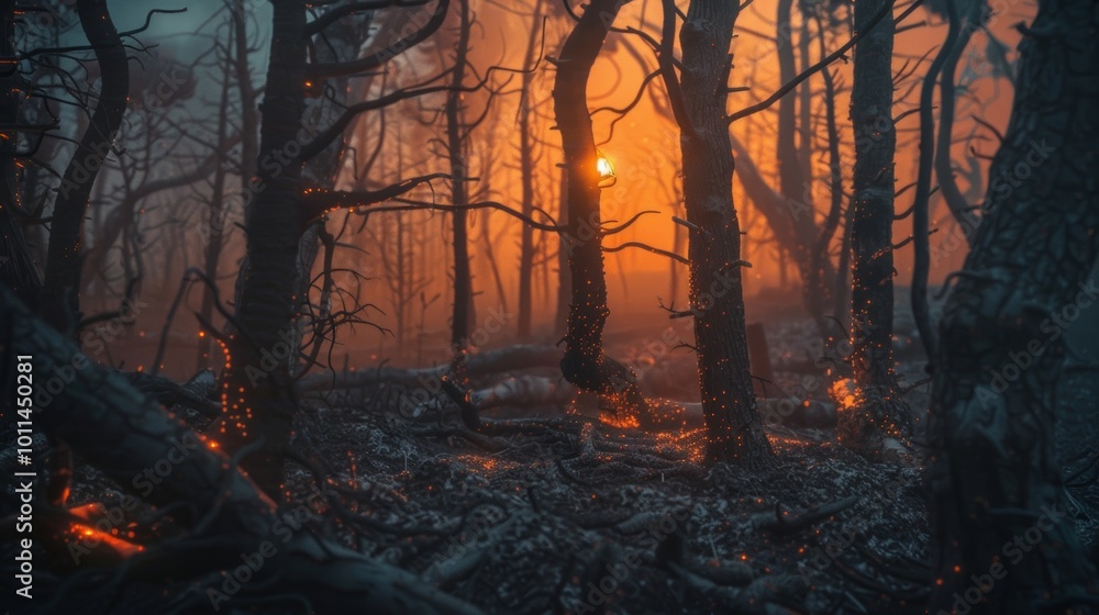 Obraz premium Misty Forest at Dusk: Flames Glow Amidst the Silent Trees
