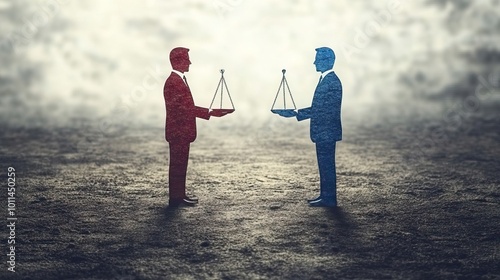 an illustration of conflict mediation concept depicting professional mediator facilitating settlement ,peace agreement process between two opposing parties to resolve dispute