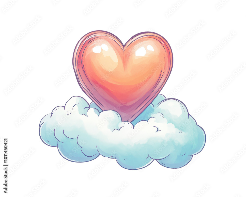 Heart illustration resting on a fluffy cloud, white isolate background Heart illustration resting on a fluffy cloud, white isolate background