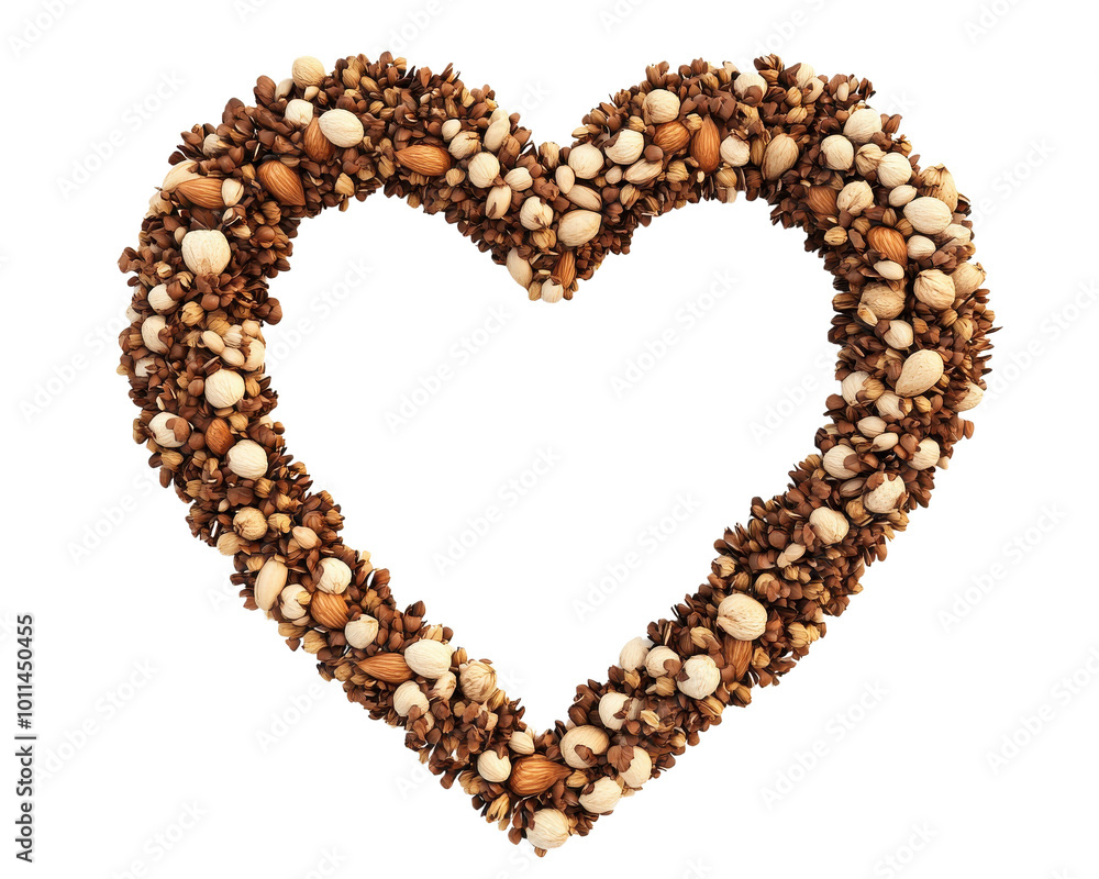 Heart shape made of various nuts and seeds on a white background Heart shape made of various nuts and seeds on a white background