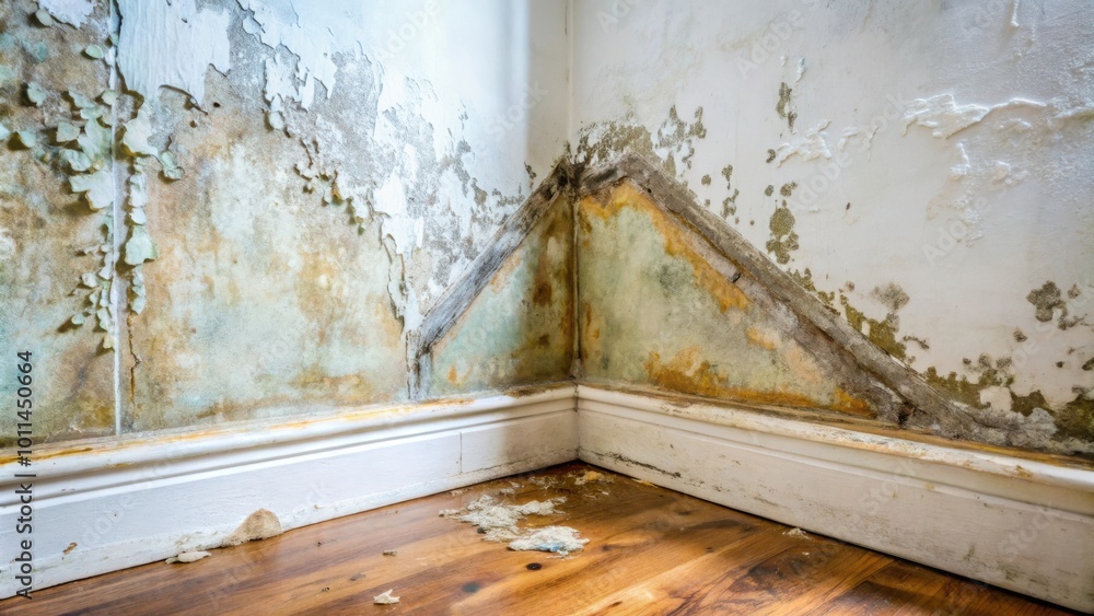 Obraz premium Water Damage and Mold Growth in a Corner of a Room