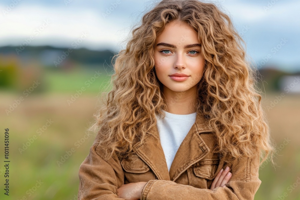 Beautiful Woman with Long Curly Hair Standing Alone in a Field of Fresh Green Grass, Isolated, Vibrant, Natural, Backdrop, Landscape Beautiful Woman with Long Curly Hair Standing Alone in a Field of Fresh Green Grass, Isolated, Vibrant, Natural, Backdrop, Landscape