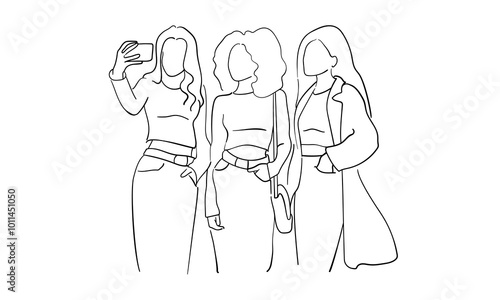 3 girlfriends taking pictures continuous line art drawing isolated on white background. Best friends line art drawing. Vector illustration 