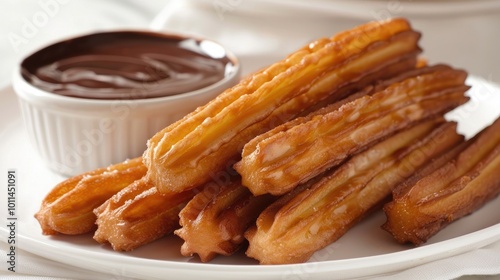 Traditional spanish dessert churros - fried choux pastry with chocolate sauce on a plate