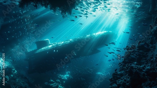 Wallpaper Mural Submarine Gliding Through Sunlit Ocean Depths with Fish, Discover the Beauty of Underwater Life and Adventure Torontodigital.ca