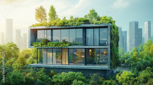 an illustration of energy efficiency in modern cityscape showcasing eco friendly buildings with low power consumption symbolizing green business practices ,sustainable investments photo