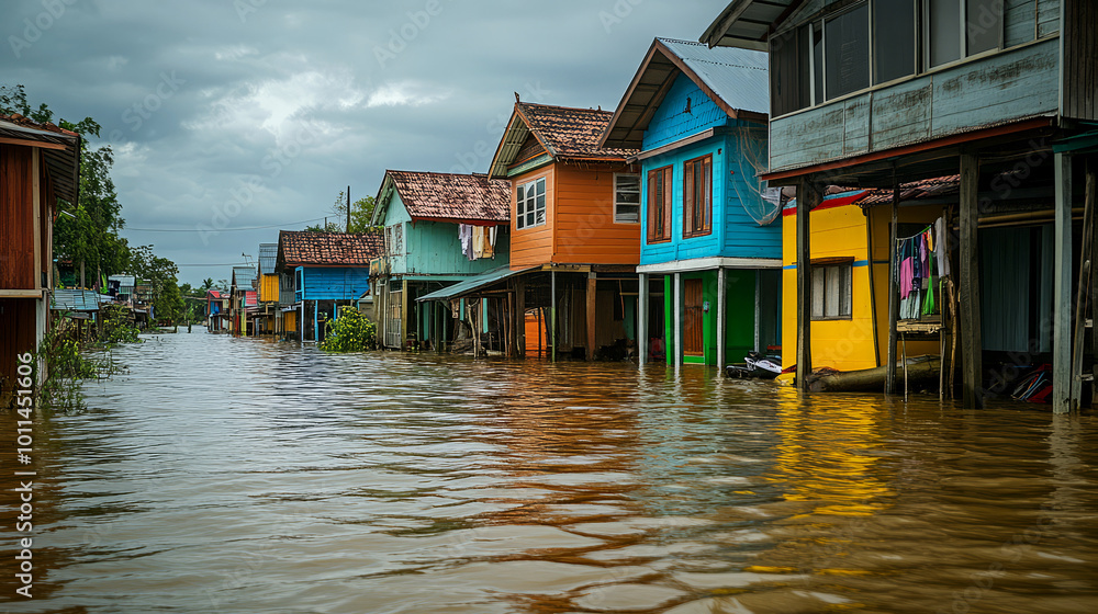 Fototapeta premium Quaint Village Partially Submerged in Floodwaters