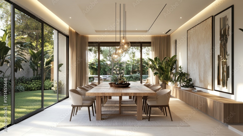 Fototapeta premium Modern dining room with large table, natural light, and lush greenery outside.