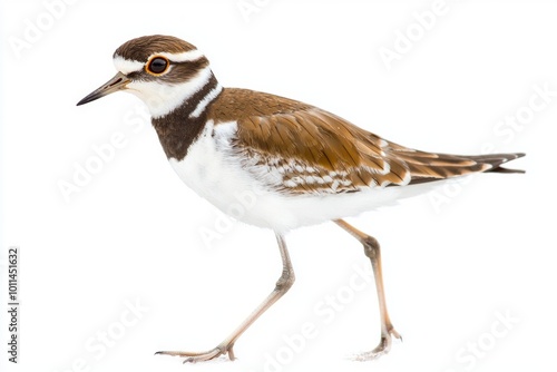 killdeer walks elegantly on the shore, its distinctive brown-and-white feathers gleaming in the light as it explores the sandy terrain, embodying the essence of coastal wildlife.