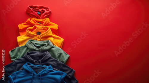 Creative Christmas tree made of bright colored clothes knitted T-shirts and raglans on a red background with copy space. Banner for clothing stores, laundries. Christmas sale, holiday discounts