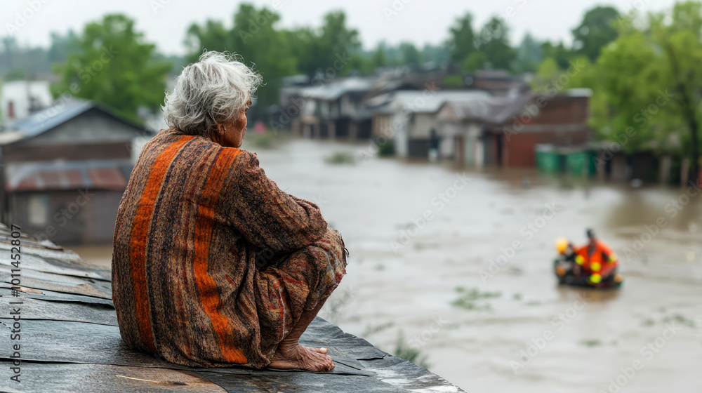 Elderly Person Observing Flooded Rooftops from Above