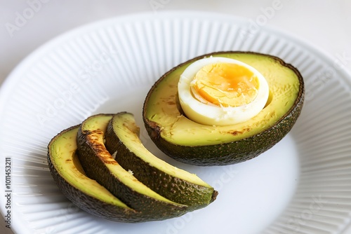 A photo of a baked avocado with a hard-boiled egg