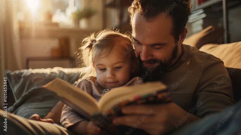 A father reading a story to his daughter in warm, cozy sunlight. Bonding moments create lasting memories together. A father reading a story to his daughter in warm, cozy sunlight. Bonding moments create lasting memories together.