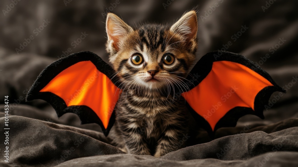 An adorable kitten in a Halloween costume with orange bat wings, posing for a fun and festive Halloween Day celebration An adorable kitten in a Halloween costume with orange bat wings, posing for a fun and festive Halloween Day celebration