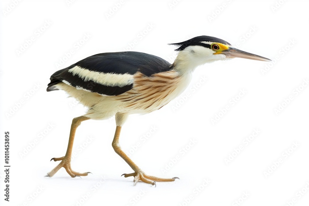 solitary little bittern stands gracefully in shallow water, its distinctive long beak and compact body highlighted by the stark white backdrop. This moment captures its beauty and poise. solitary little bittern stands gracefully in shallow water, its distinctive long beak and compact body highlighted by the stark white backdrop. This moment captures its beauty and poise.