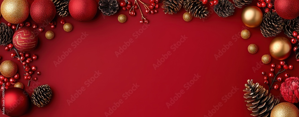 A vibrant festive background featuring red and gold Christmas ornaments and pinecones, perfect for holiday themes and designs A vibrant festive background featuring red and gold Christmas ornaments and pinecones, perfect for holiday themes and designs