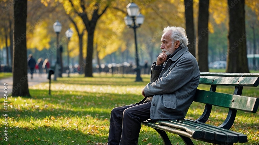 Fototapeta premium Old thoughtful man sitting on the bench in the green park 