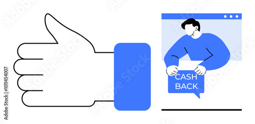 Wallpaper Mural Large thumbs up icon with a man holding a cashback message in a web window, Ideal for customer satisfaction financial rewards online shopping digital marketing and customer engagement Modern Torontodigital.ca