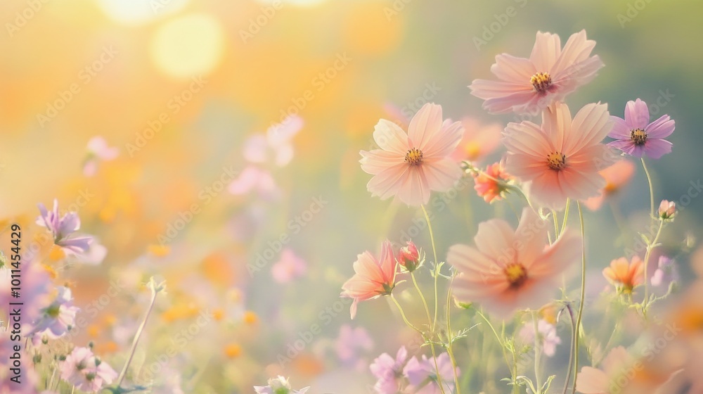 pastel cosmos flowers bloom in a sunlit field, creating a serene and dreamy atmosphere. Perfect for conveying tranquility and the beauty of nature in springtime. pastel cosmos flowers bloom in a sunlit field, creating a serene and dreamy atmosphere. Perfect for conveying tranquility and the beauty of nature in springtime.