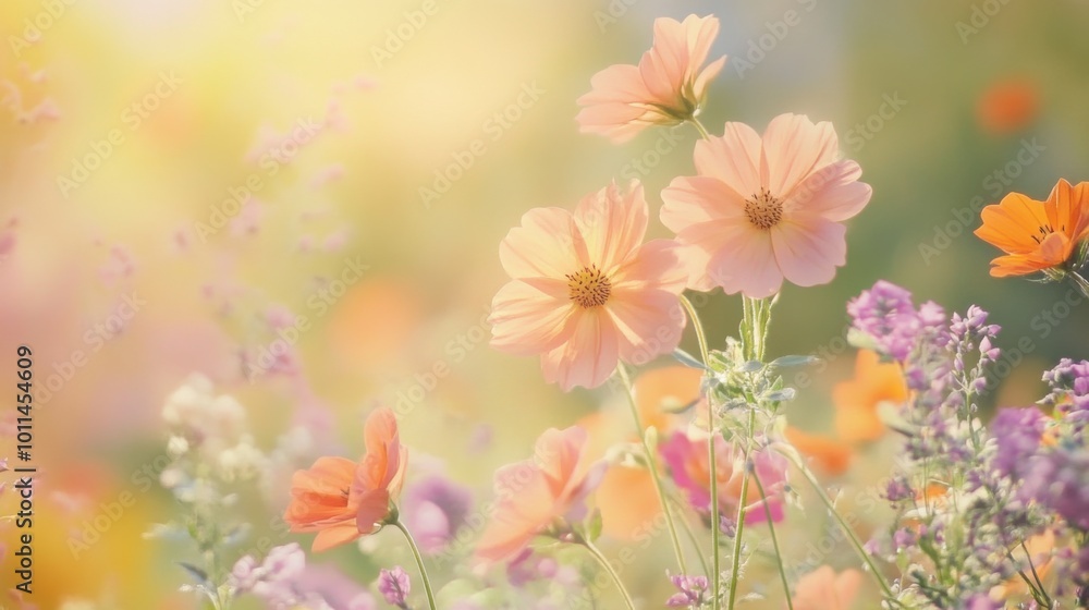 pastel cosmos flowers bloom in a sunlit field, creating a serene and dreamy atmosphere. Perfect for conveying tranquility and the beauty of nature in springtime. pastel cosmos flowers bloom in a sunlit field, creating a serene and dreamy atmosphere. Perfect for conveying tranquility and the beauty of nature in springtime.