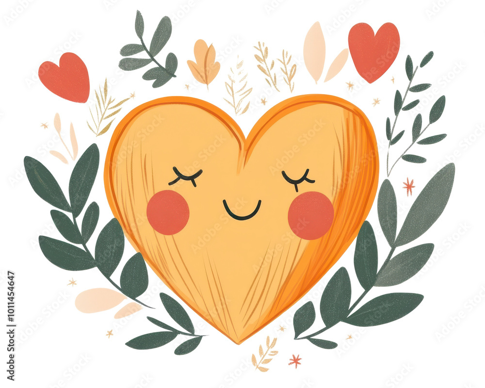 Happy heart illustration with leaves and flowers, white background. Happy heart illustration with leaves and flowers, white background.