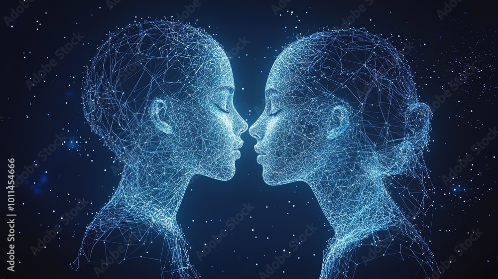 An artistic display of two cosmic women colliding amidst a starry sky, representing a timeless dance in the digital universe. A vivid amalgam of light and form. An artistic display of two cosmic women colliding amidst a starry sky, representing a timeless dance in the digital universe. A vivid amalgam of light and form.