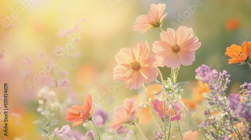 pastel cosmos flowers bloom in a sunlit field, creating a serene and dreamy atmosphere. Perfect for conveying tranquility and the beauty of nature in springtime.