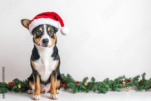 A charming dog sports a Santa hat and poses on a festive garland, capturing the essence of holiday cheer and cuteness in this delightful seasonal portrait. photo