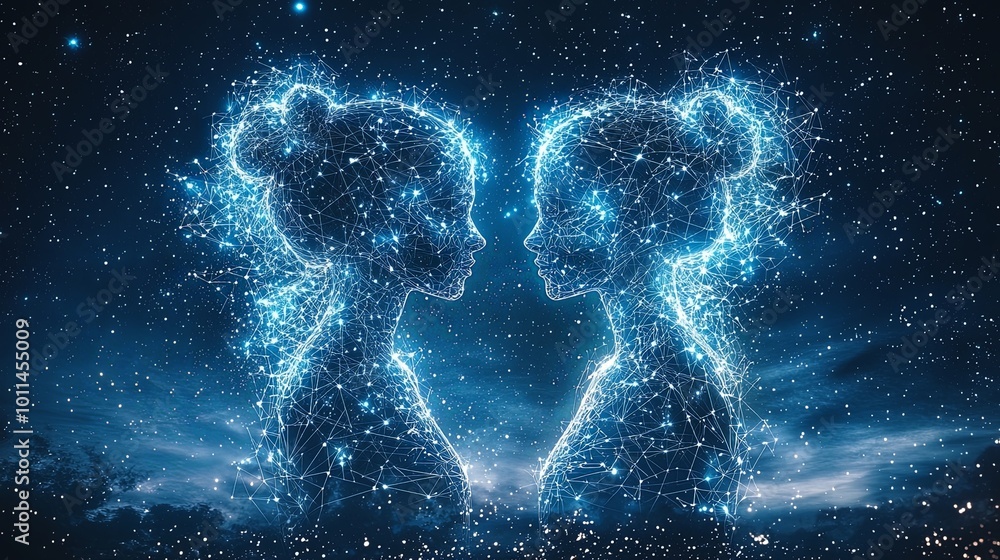 Mirrored silhouettes of celestial twins set against a star-infused canvas, reflecting unity and harmony in the cosmos. A tribute to interconnected existence. Mirrored silhouettes of celestial twins set against a star-infused canvas, reflecting unity and harmony in the cosmos. A tribute to interconnected existence.