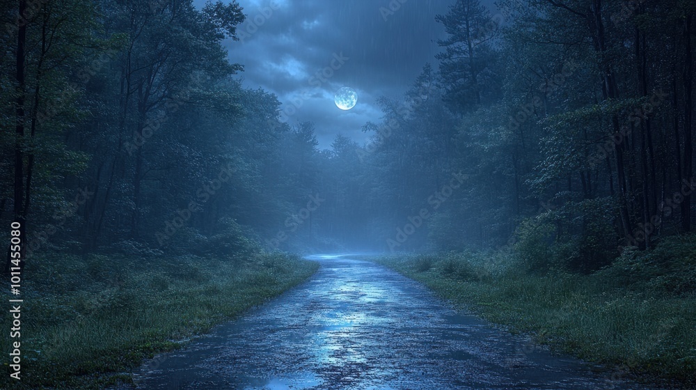 Obraz premium A dark, rain-soaked forest path illuminated by the faint light of the moon, with the sound of distant thunder adding to the mysterious vibe=