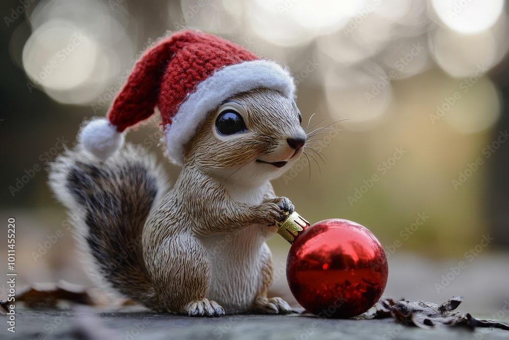 A delightful squirrel clad in a Santa hat playfully holds a vibrant red ornament on a stone path, surrounded by soft bokeh background lights for holiday charm. A delightful squirrel clad in a Santa hat playfully holds a vibrant red ornament on a stone path, surrounded by soft bokeh background lights for holiday charm.