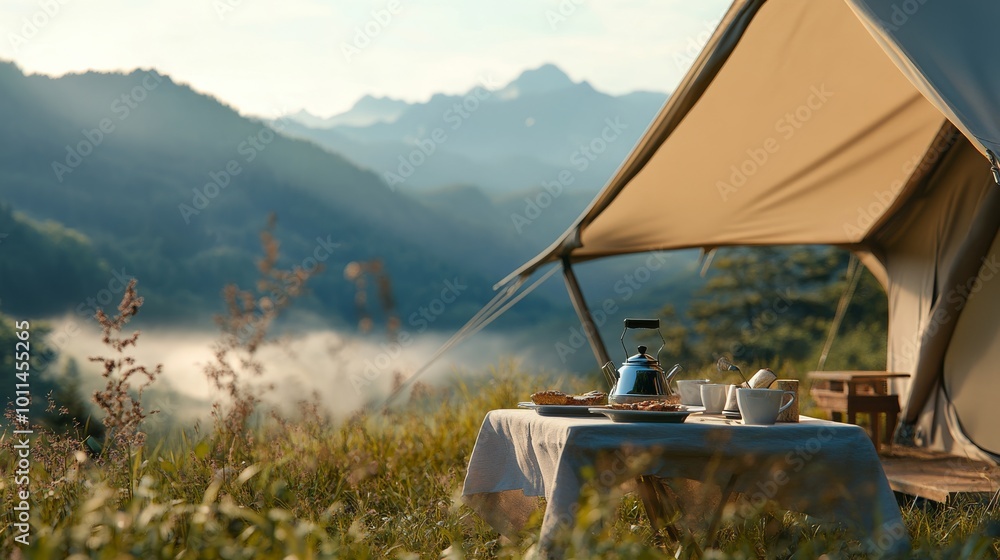 Fototapeta premium A serene camping scene featuring a tent beside a table set for tea, with beautiful mountains and misty valleys in the background.