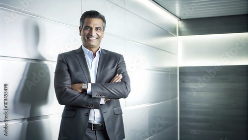 Confident businessman standing in an office corridor, smiling at the camera.