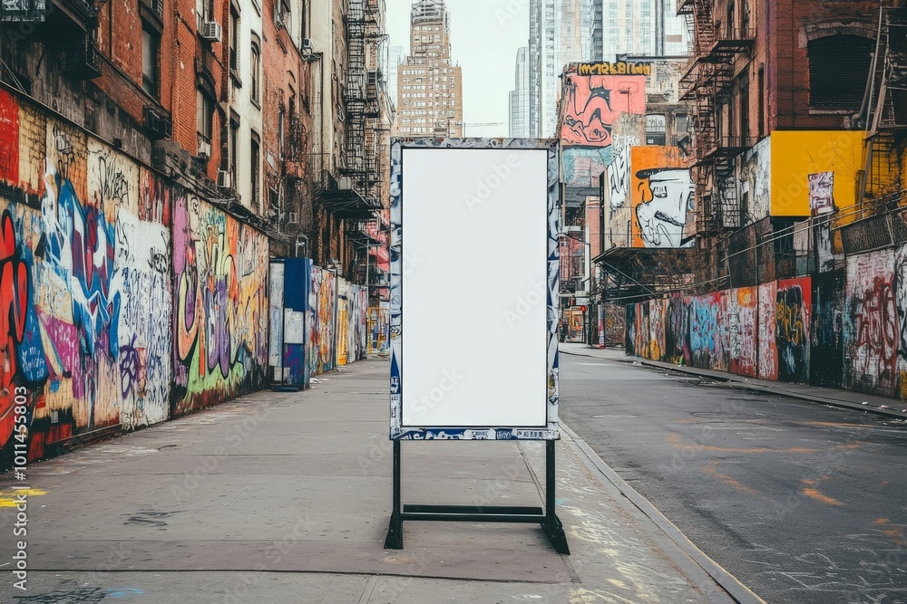 Fototapeta premium A bustling city street adorned with vibrant graffiti and featuring a blank billboard, capturing urban art culture and the hustle of city life in a unique setting.