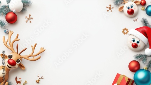 Wallpaper Mural Playful Christmas frame with cartoon reindeer, Santa hats, and ornaments framing the corners in a whimsical holiday style. Torontodigital.ca