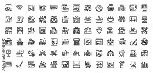 modern city lifestyle activities amenities line art icon set, shopping dining entertainment transportation, bicycles pedestrians trains airplanes