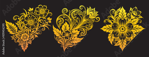 three floral arrangements golden gradient floral design, decorative intricate detailed ornate