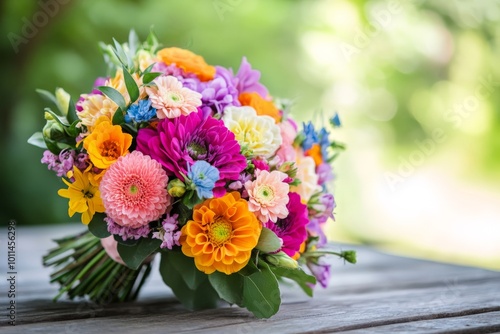 Wallpaper Mural A lively bouquet of bright flowers, including dahlias and zinnias, beautifully arranged on an outdoor wooden table, evoking a fresh and cheerful garden vibe. Torontodigital.ca