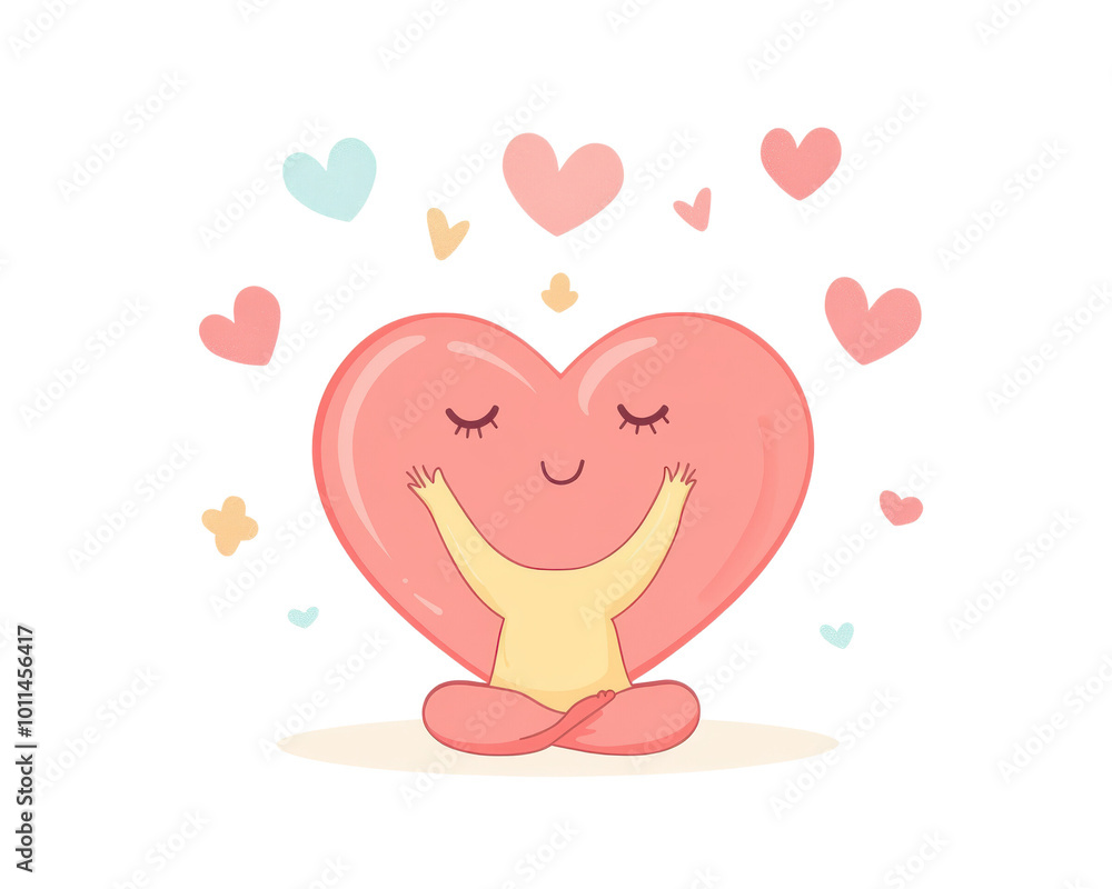 Cute character embracing a large heart with floating hearts around. Cute character embracing a large heart with floating hearts around.