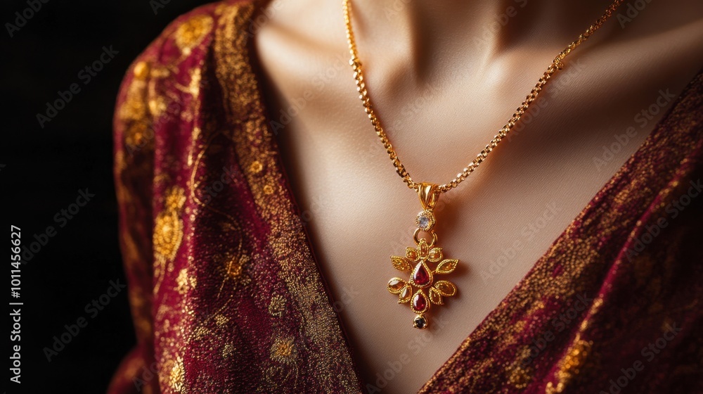 Close-up of a delicate golden necklace with a sapphire pendant elegantly worn by a model against a black background, showcasing luxury jewelry Close-up of a delicate golden necklace with a sapphire pendant elegantly worn by a model against a black background, showcasing luxury jewelry