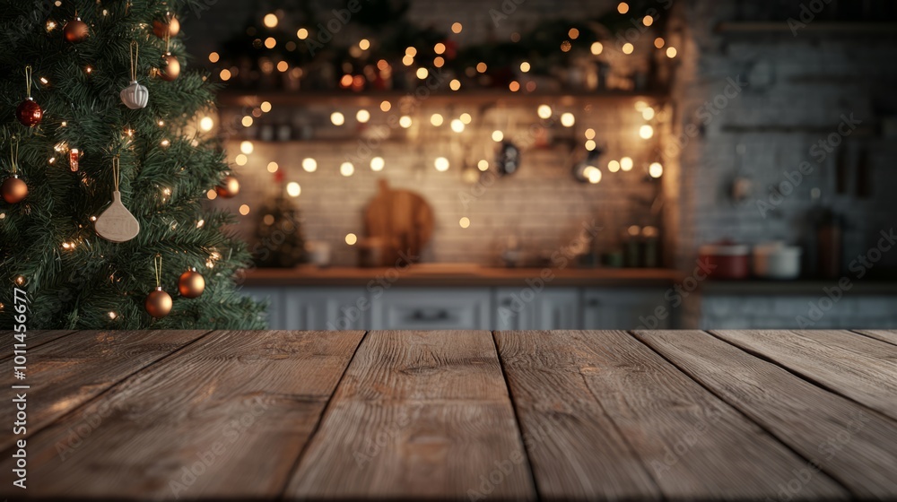 Festive kitchen backdrop with empty wooden table in foreground, Christmas tree and twinkling lights creating a warm, cozy atmosphere for holiday cooking and gatherings Festive kitchen backdrop with empty wooden table in foreground, Christmas tree and twinkling lights creating a warm, cozy atmosphere for holiday cooking and gatherings
